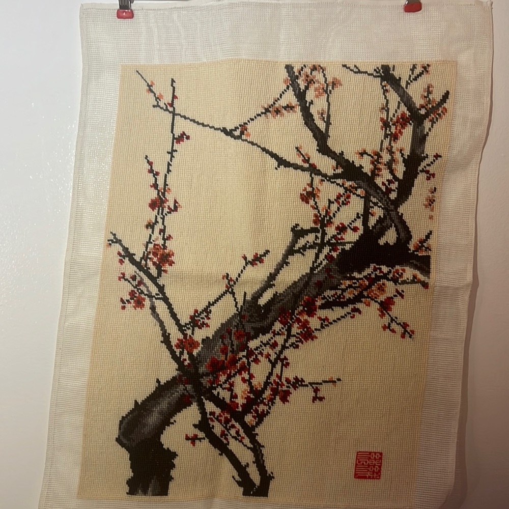 Vintage Asian Cherry Blossom Tree Needlepoint, Handmade, Wall Hanging 27”x 21”